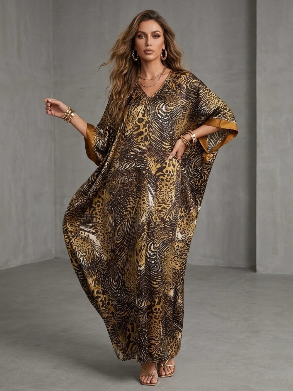 Winlar Vintage Maxi Dress in Gold & Black Animal Print